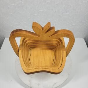 VTG John Keim Collapsible Wood Pear Tree Basket 15" Brown Fruit Tray Signed 90s